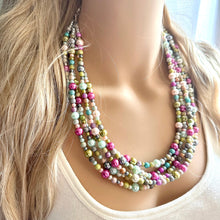 Load image into Gallery viewer, Blush Pink Jubilee Rainbow 5 strand Beaded Necklace, Colorful Jewelry, Chunky statement necklace, big beaded pearl, jewelry fall confetti