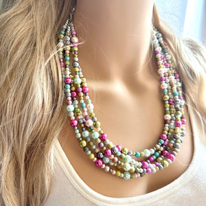 Blush Pink Jubilee Rainbow 5 strand Beaded Necklace, Colorful Jewelry, Chunky statement necklace, big beaded pearl, jewelry fall confetti