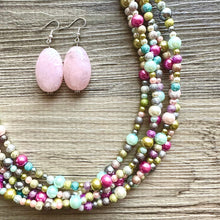 Load image into Gallery viewer, Blush Pink Jubilee Rainbow 5 strand Beaded Necklace, Colorful Jewelry, Chunky statement necklace, big beaded pearl, jewelry fall confetti