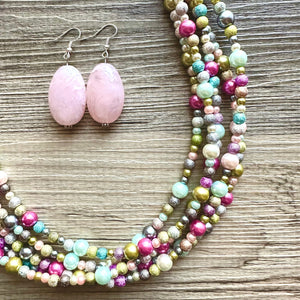 Blush Pink Jubilee Rainbow 5 strand Beaded Necklace, Colorful Jewelry, Chunky statement necklace, big beaded pearl, jewelry fall confetti