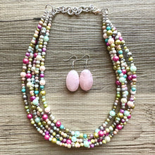 Load image into Gallery viewer, Blush Pink Jubilee Rainbow 5 strand Beaded Necklace, Colorful Jewelry, Chunky statement necklace, big beaded pearl, jewelry fall confetti