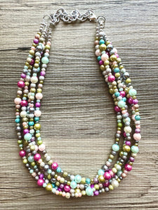 Blush Pink Jubilee Rainbow 5 strand Beaded Necklace, Colorful Jewelry, Chunky statement necklace, big beaded pearl, jewelry fall confetti