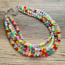 Load image into Gallery viewer, Rainbow Heart Statement Necklace, Chunky triple Strand Jewelry, Valentines Day jewelry, chunky neon bib beaded necklace colorful