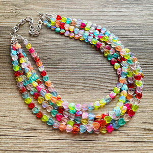 Rainbow Heart Statement Necklace, Chunky triple Strand Jewelry, Valentines Day jewelry, chunky neon bib beaded necklace colorful