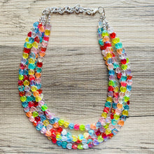 Load image into Gallery viewer, Rainbow Heart Statement Necklace, Chunky triple Strand Jewelry, Valentines Day jewelry, chunky neon bib beaded necklace colorful