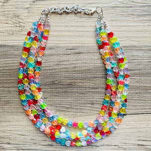 Rainbow Heart Statement Necklace, Chunky triple Strand Jewelry, Valentines Day jewelry, chunky neon bib beaded necklace colorful