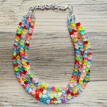 Load image into Gallery viewer, Rainbow Heart Statement Necklace, Chunky triple Strand Jewelry, Valentines Day jewelry, chunky neon bib beaded necklace colorful