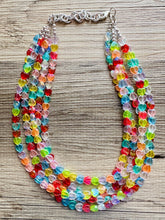 Load image into Gallery viewer, Rainbow Heart Statement Necklace, Chunky triple Strand Jewelry, Valentines Day jewelry, chunky neon bib beaded necklace colorful