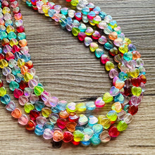 Load image into Gallery viewer, Rainbow Heart Statement Necklace, Chunky triple Strand Jewelry, Valentines Day jewelry, chunky neon bib beaded necklace colorful