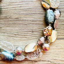 Load image into Gallery viewer, Metallic Gray Vacation Necklace, 2 Strand Statement Jewelry, Chunky bib bridesmaid everyday bubble beaded, mirror silver