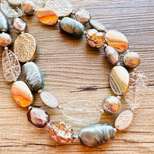 Load image into Gallery viewer, Metallic Gray Vacation Necklace, 2 Strand Statement Jewelry, Chunky bib bridesmaid everyday bubble beaded, mirror silver