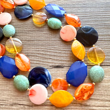 Load image into Gallery viewer, French Pastel chunky necklace, Wanderlust Collection beaded jewelry, resin beaded blue necklace, turquoise coral peach orange yellow necklac