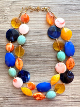 Load image into Gallery viewer, French Pastel chunky necklace, Wanderlust Collection beaded jewelry, resin beaded blue necklace, turquoise coral peach orange yellow necklac