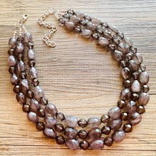 Load image into Gallery viewer, Deep Gray Chunky Statement Necklace, Big beaded jewelry, Gray 3 Strand Statement Necklace, Bib necklace winter resin cream gunmetal