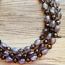 Load image into Gallery viewer, Deep Gray Chunky Statement Necklace, Big beaded jewelry, Gray 3 Strand Statement Necklace, Bib necklace winter resin cream gunmetal