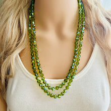 Load image into Gallery viewer, Green Jewel Statement Necklace, Chunky 2 Strand Jewelry, silver necklace, double long beaded necklace thick collar bead metal olive layering