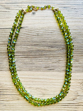 Load image into Gallery viewer, Green Jewel Statement Necklace, Chunky 2 Strand Jewelry, silver necklace, double long beaded necklace thick collar bead metal olive layering