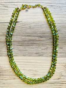 Green Jewel Statement Necklace, Chunky 2 Strand Jewelry, silver necklace, double long beaded necklace thick collar bead metal olive layering