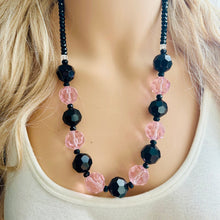 Load image into Gallery viewer, Black &amp; Pink Jewel Statement Necklace, Chunky 1 Strand Jewelry, black necklace, blush long bib beaded necklace thick collar bead metal