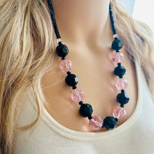 Load image into Gallery viewer, Black &amp; Pink Jewel Statement Necklace, Chunky 1 Strand Jewelry, black necklace, blush long bib beaded necklace thick collar bead metal