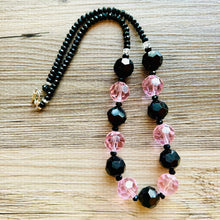 Load image into Gallery viewer, Black &amp; Pink Jewel Statement Necklace, Chunky 1 Strand Jewelry, black necklace, blush long bib beaded necklace thick collar bead metal