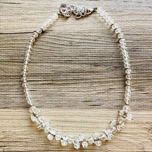 Clear Cluster Jewel Statement Necklace, Chunky 1 Strand Jewelry, silver necklace, layering long bib beaded necklace thick collar bead metal