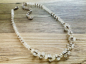 Clear Cluster Jewel Statement Necklace, Chunky 1 Strand Jewelry, silver necklace, layering long bib beaded necklace thick collar bead metal