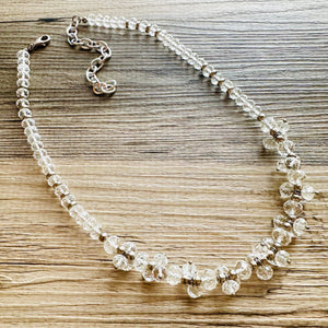 Clear Cluster Jewel Statement Necklace, Chunky 1 Strand Jewelry, silver necklace, layering long bib beaded necklace thick collar bead metal