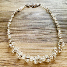 Load image into Gallery viewer, Clear Cluster Jewel Statement Necklace, Chunky 1 Strand Jewelry, silver necklace, layering long bib beaded necklace thick collar bead metal