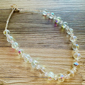 Clear Sparkle Jewel Statement Necklace, Chunky 1 Strand Jewelry, silver necklace, layering long bib beaded necklace thick collar bead metal