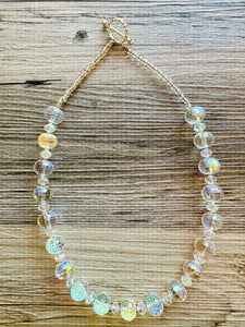 Clear Sparkle Jewel Statement Necklace, Chunky 1 Strand Jewelry, silver necklace, layering long bib beaded necklace thick collar bead metal