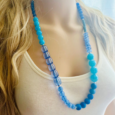 Shades of Blue Long Statement Necklace, long silver necklace, beaded long necklace, periwinkle turquoise royal aqua statement jewelry