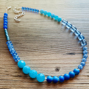 Shades of Blue Long Statement Necklace, long silver necklace, beaded long necklace, periwinkle turquoise royal aqua statement jewelry