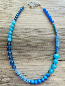 Shades of Blue Long Statement Necklace, long silver necklace, beaded long necklace, periwinkle turquoise royal aqua statement jewelry