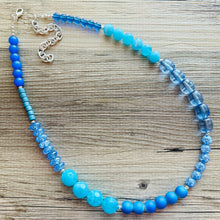 Load image into Gallery viewer, Shades of Blue Long Statement Necklace, long silver necklace, beaded long necklace, periwinkle turquoise royal aqua statement jewelry