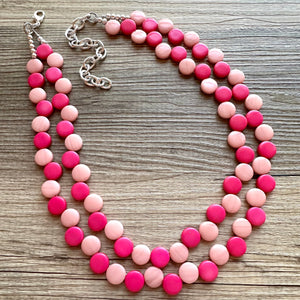 Hot & Blush Pink Double Statement Necklace, Chunky Jewelry Big Beaded Necklace, dark pink Necklace, magenta Jewelry bubble