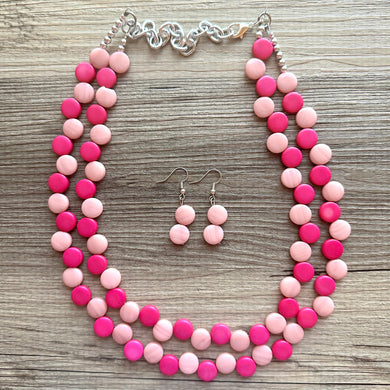 Hot & Blush Pink Double Statement Necklace, Chunky Jewelry Big Beaded Necklace, dark pink Necklace, magenta Jewelry bubble