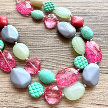 Load image into Gallery viewer, Pink &amp; Green Boulevard double strand OOAK statement Necklace, Pink Gray Beaded Necklace, summer silver jewelry mint green