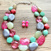 Load image into Gallery viewer, Pink &amp; Green Boulevard double strand OOAK statement Necklace, Pink Gray Beaded Necklace, summer silver jewelry mint green