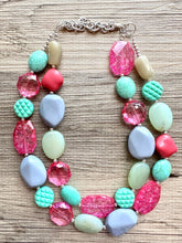 Load image into Gallery viewer, Pink &amp; Green Boulevard double strand OOAK statement Necklace, Pink Gray Beaded Necklace, summer silver jewelry mint green