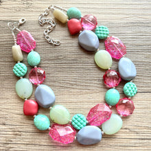 Load image into Gallery viewer, Pink &amp; Green Boulevard double strand OOAK statement Necklace, Pink Gray Beaded Necklace, summer silver jewelry mint green