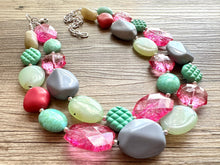 Load image into Gallery viewer, Pink &amp; Green Boulevard double strand OOAK statement Necklace, Pink Gray Beaded Necklace, summer silver jewelry mint green