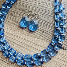 Load image into Gallery viewer, Blue Jean Baby Blue Statement Necklace, chunky bib beaded jewelry, Periwinkle royal blue necklace, dark blue beaded acrylic gray silver aqua