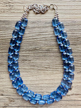 Load image into Gallery viewer, Blue Jean Baby Blue Statement Necklace, chunky bib beaded jewelry, Periwinkle royal blue necklace, dark blue beaded acrylic gray silver aqua