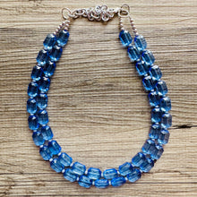 Load image into Gallery viewer, Blue Jean Baby Blue Statement Necklace, chunky bib beaded jewelry, Periwinkle royal blue necklace, dark blue beaded acrylic gray silver aqua