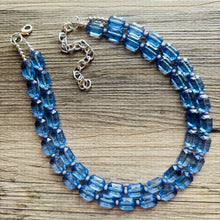 Load image into Gallery viewer, Blue Jean Baby Blue Statement Necklace, chunky bib beaded jewelry, Periwinkle royal blue necklace, dark blue beaded acrylic gray silver aqua