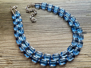 Blue Jean Baby Blue Statement Necklace, chunky bib beaded jewelry, Periwinkle royal blue necklace, dark blue beaded acrylic gray silver aqua
