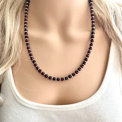 Garnet & Silver Necklace, Maroon Jewelry, dark red statement Pieces, Jade gemstone Beads, single strand layering necklace marsala