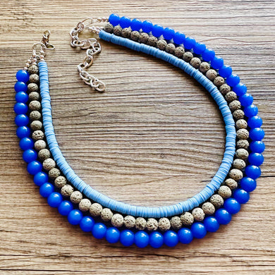 Summertime Storm Blue Chunky Statement Necklace, big Beaded thick Jewelry, Triple Strand wedding or everyday dress bridesmaid