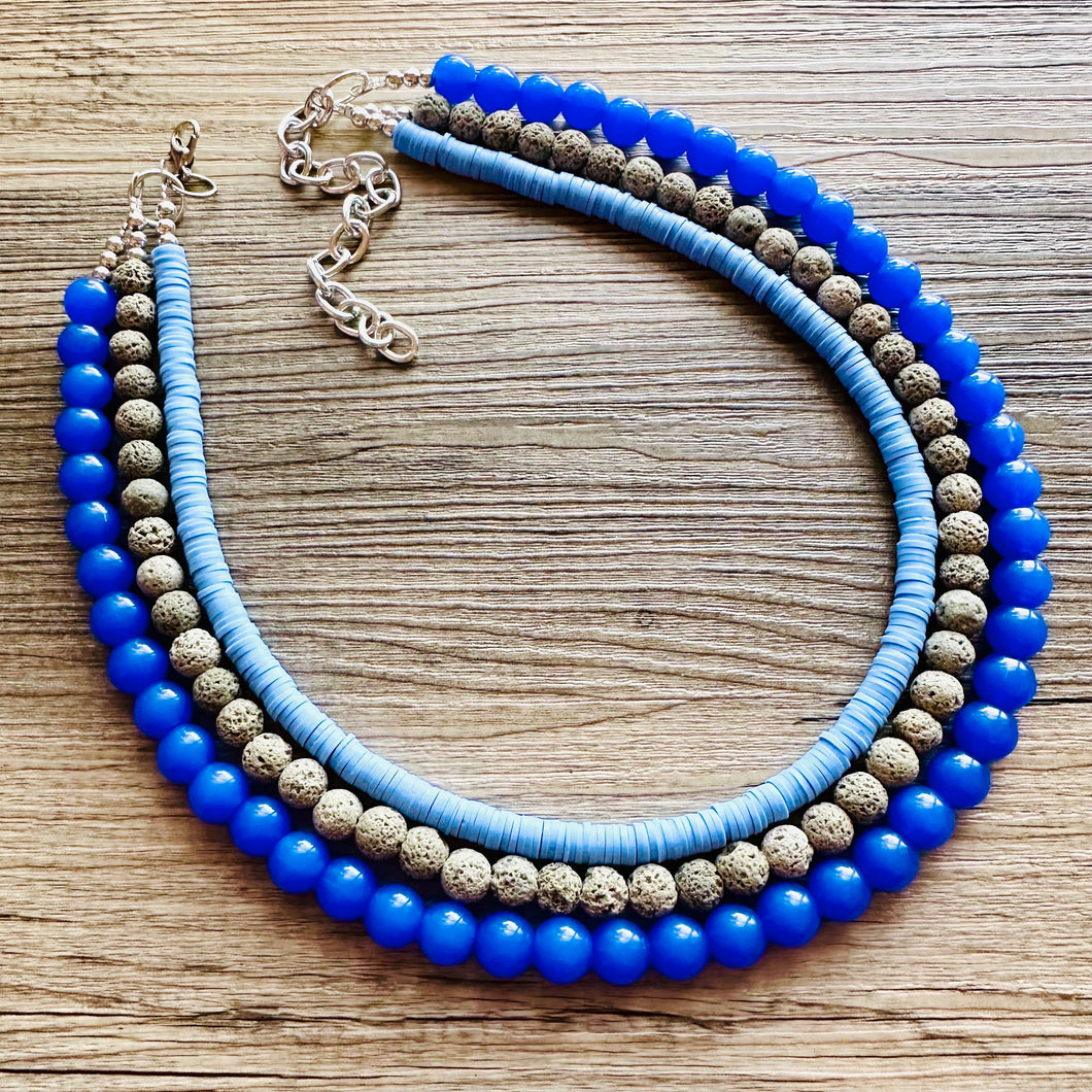 Summertime Storm Blue Chunky Statement Necklace, big Beaded thick Jewelry, Triple Strand wedding or everyday dress bridesmaid